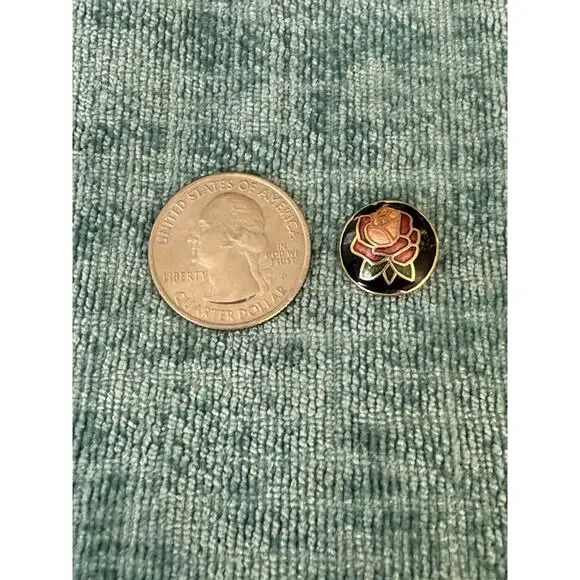 Vintage Round Cloisonne Rose Stud Earrings Button Style Rose Pink Enameled EUC - Picture 2 of 5